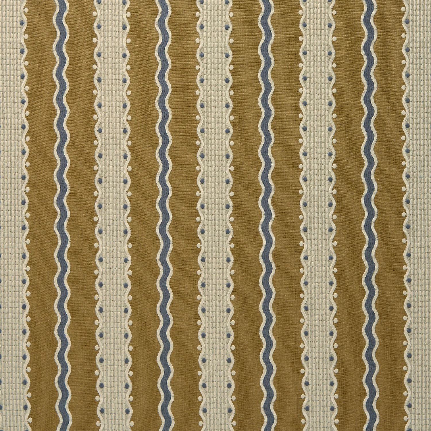 Honey-gold striped fabric with cream woven bands and narrow blue wavy lines