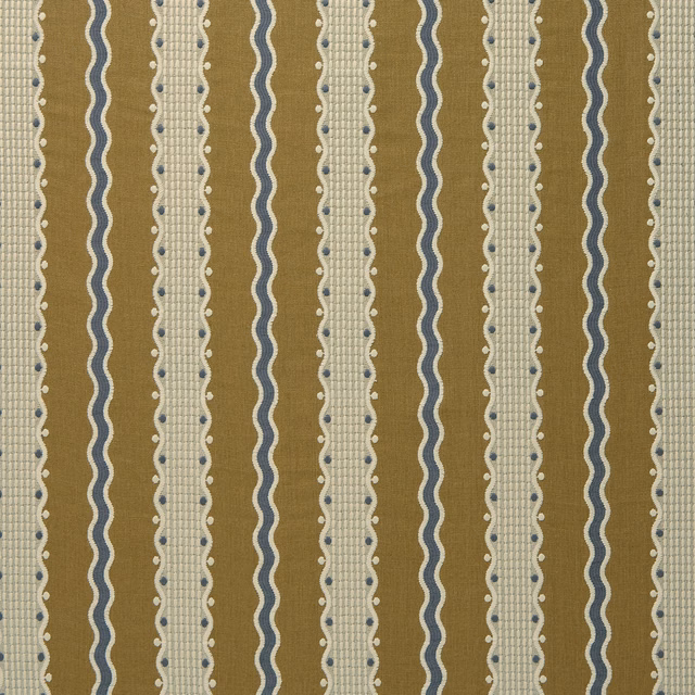 Honey-gold striped fabric with cream woven bands and narrow blue wavy lines