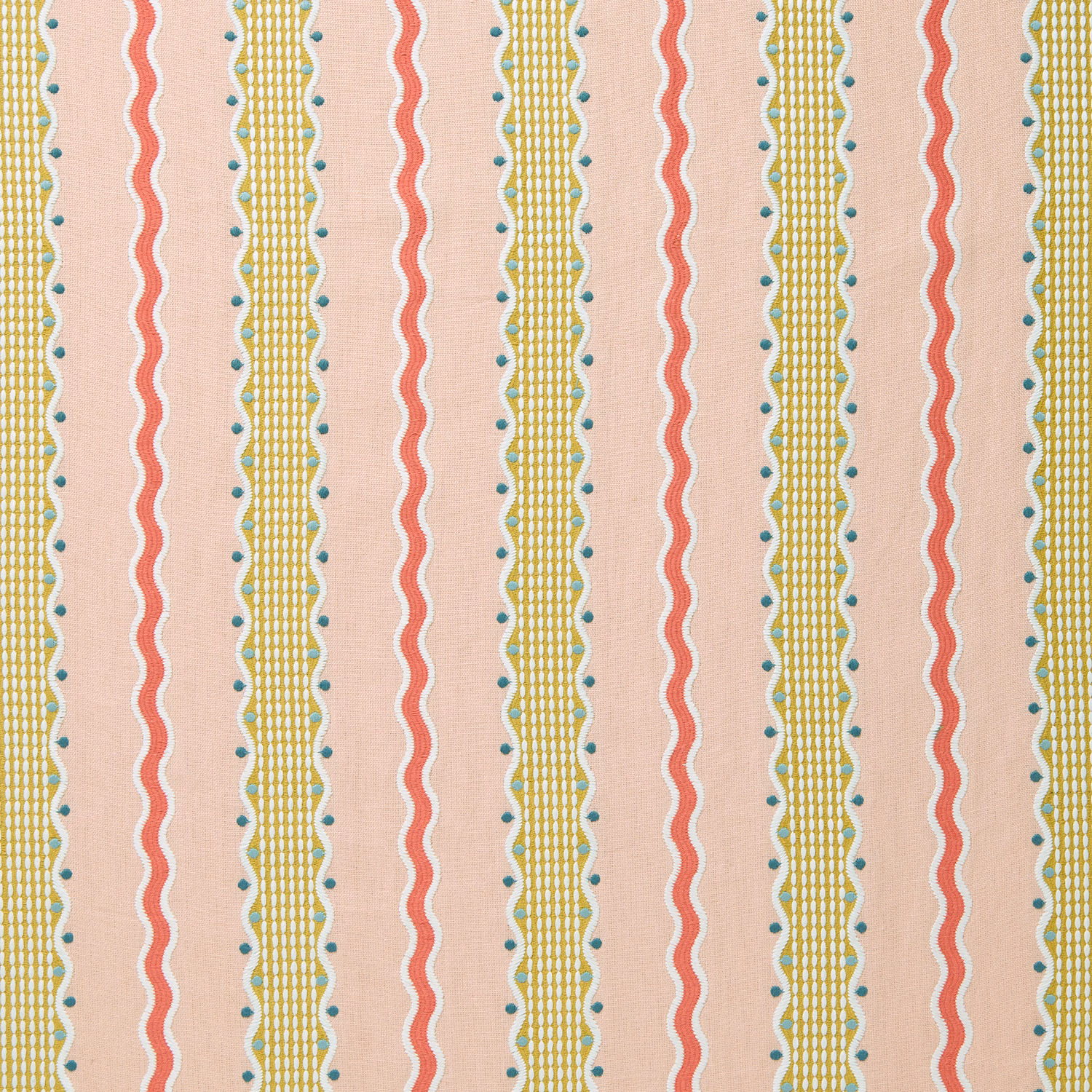 Vertical striped fabric with blush pink ground, coral wavy lines, mustard bands and teal dots