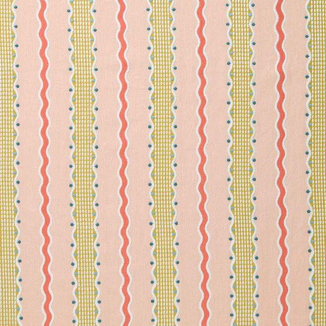 Vertical striped fabric with blush pink ground, coral wavy lines, mustard bands and teal dots