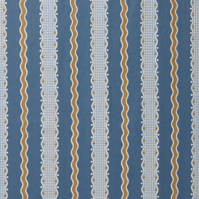 Blue striped woven fabric with ivory bands and gold wavy detail