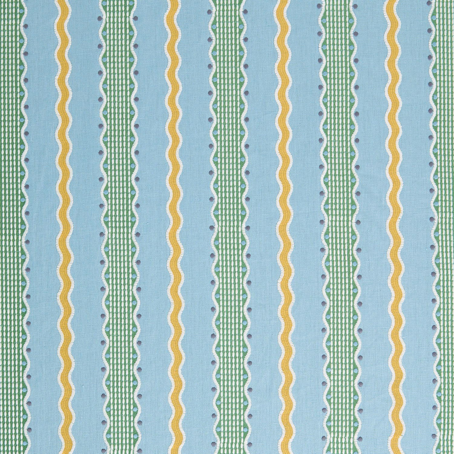 Sky-blue striped fabric with green ladder bands and mustard wavy lines