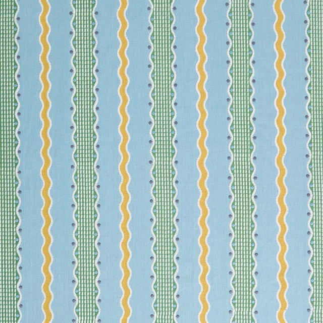 Sky-blue striped fabric with green ladder bands and mustard wavy lines