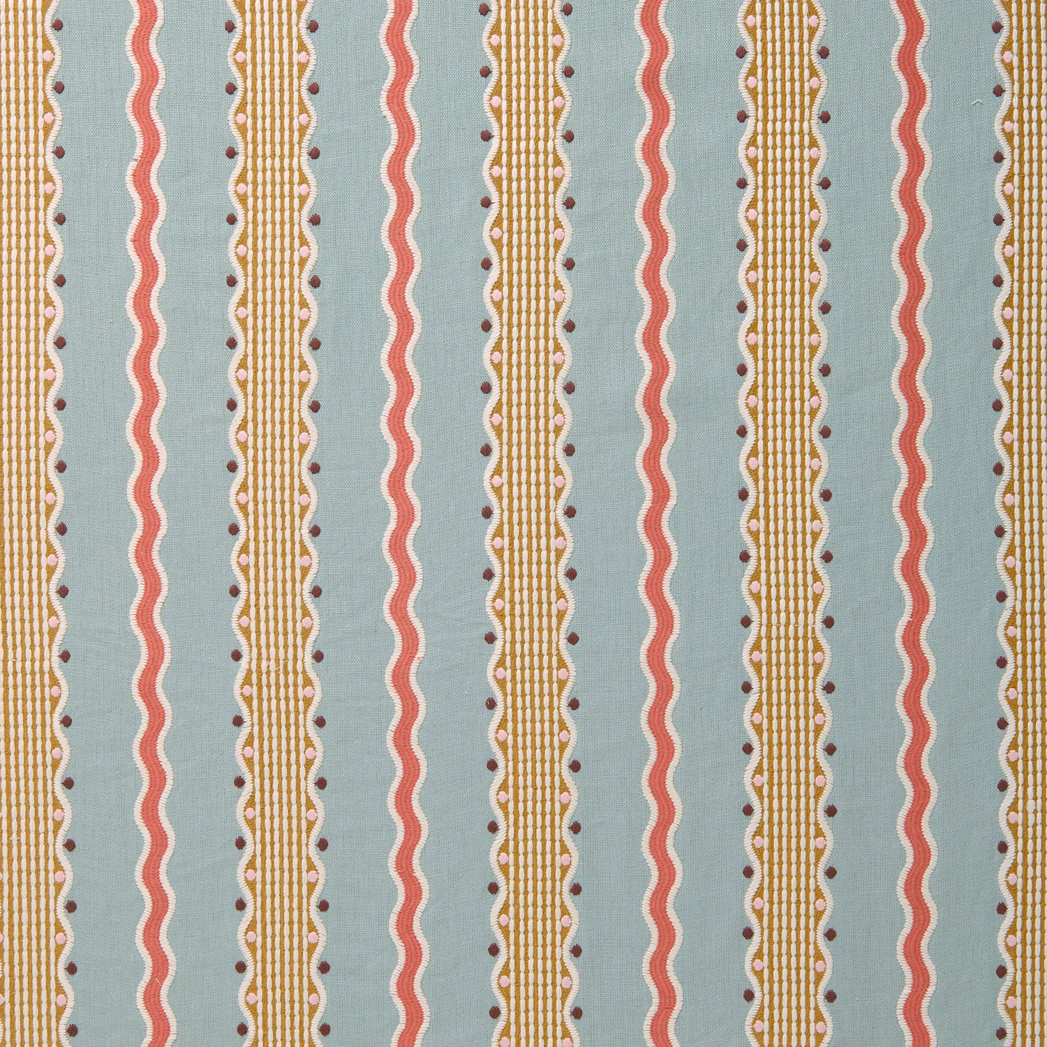 Aqua teal striped fabric with coral wavy bands and gold dotted lines