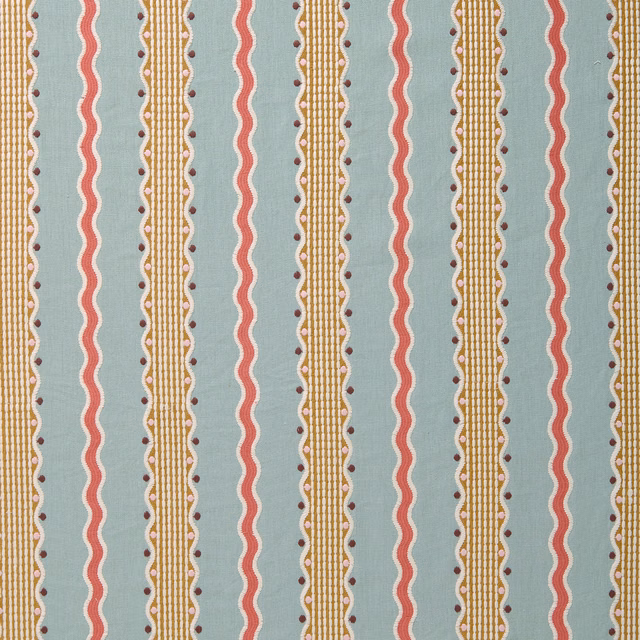 Aqua teal striped fabric with coral wavy bands and gold dotted lines