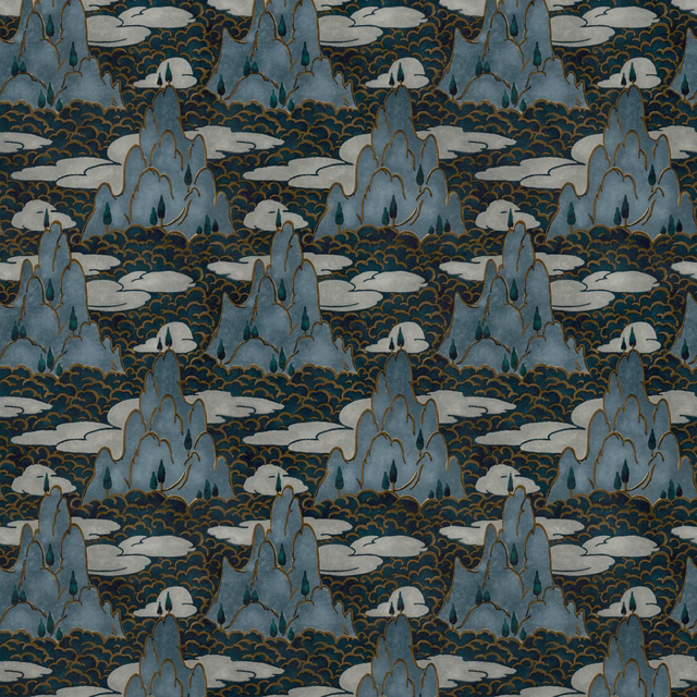 Cool slate-blue scenic velvet with mountain peaks, pale clouds and dark wave motifs