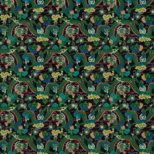 Dense forest-green velvet with aqua paisleys, pink accents and curling dragon motifs