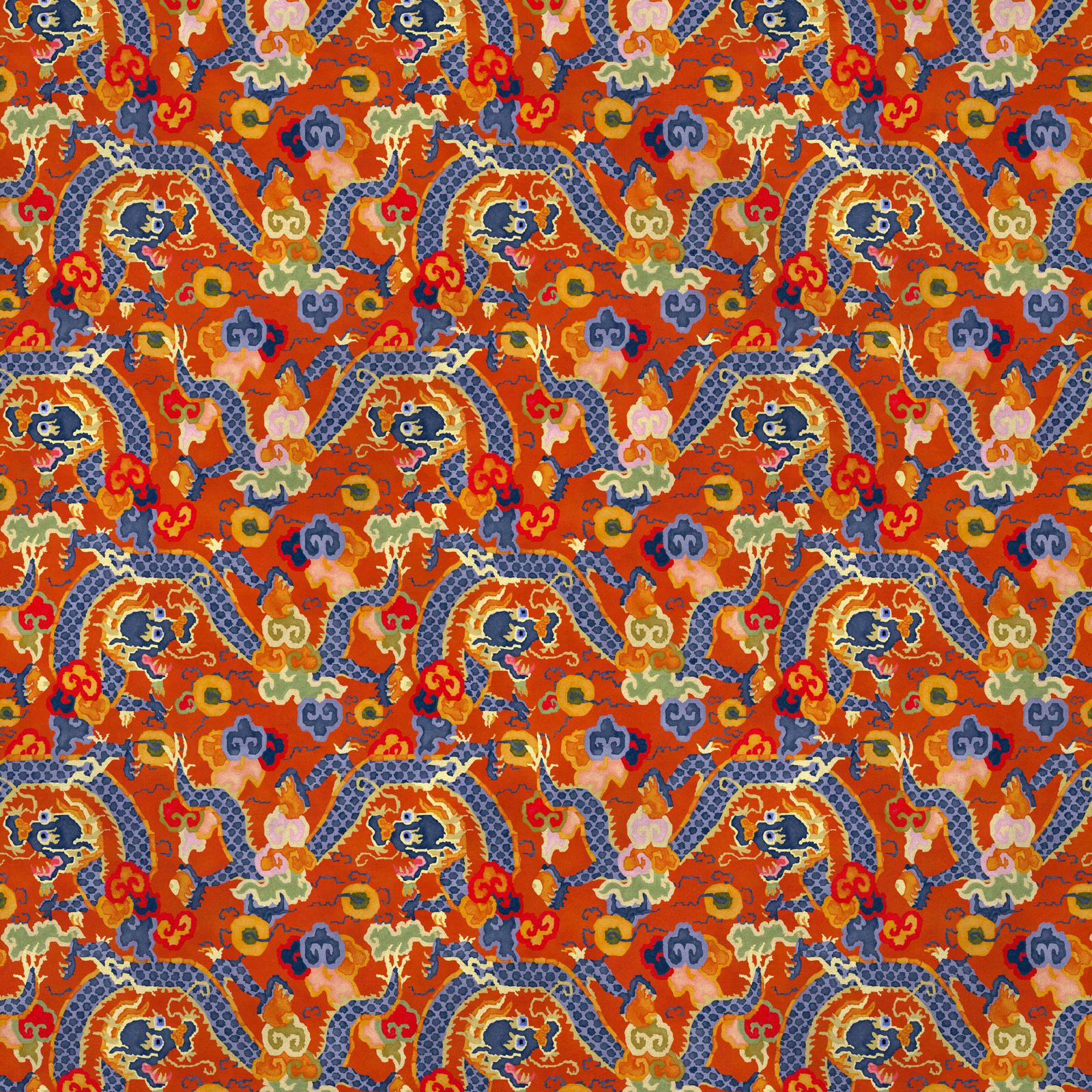 Hot orange velvet with blue dragons and dense red, yellow and pink motifs