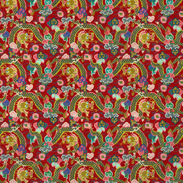 Lacquer-red velvet showing repeating dragons, flowers and turquoise, olive and pink details