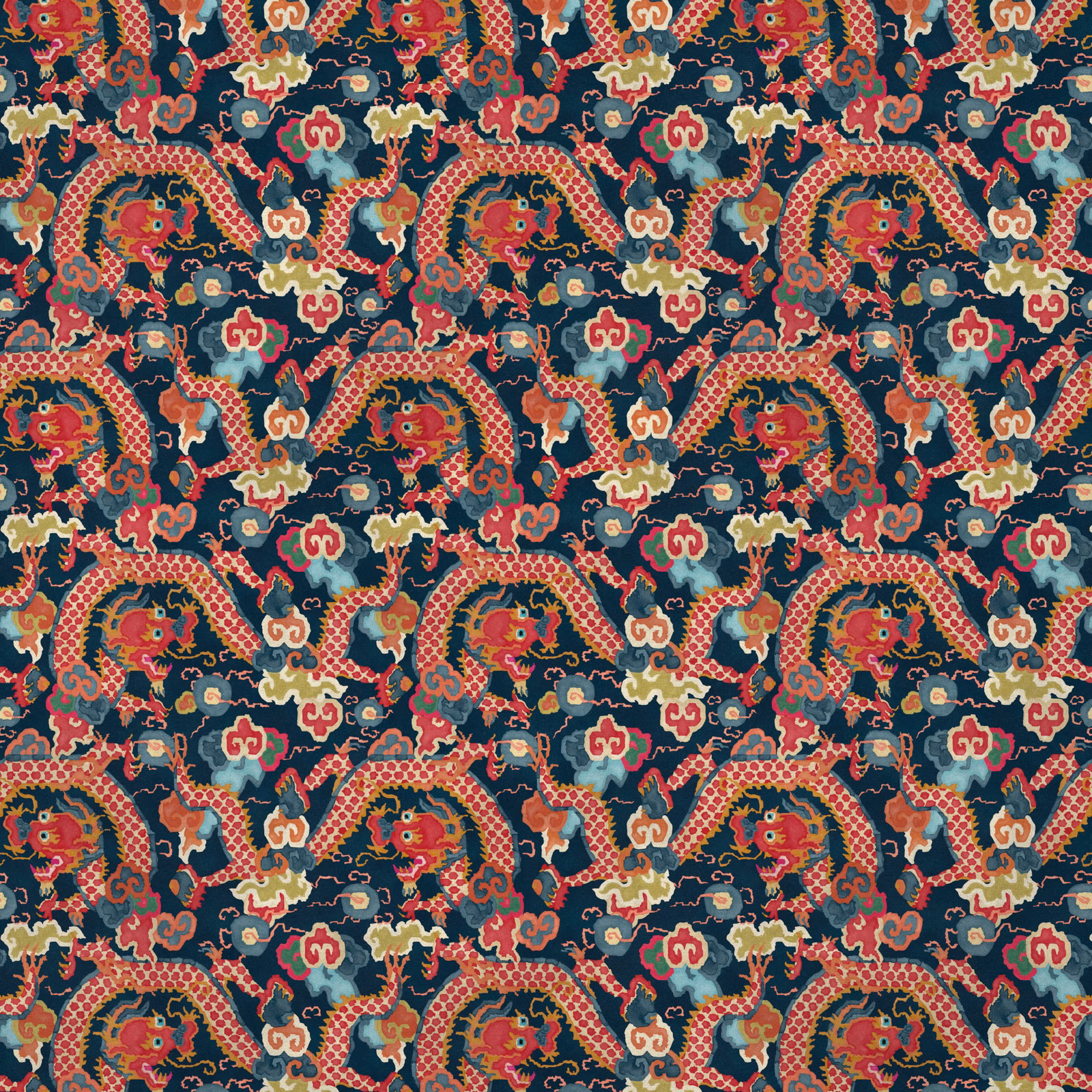 Deep navy velvet with coral dragons, teal foliage, ochre and cream accents