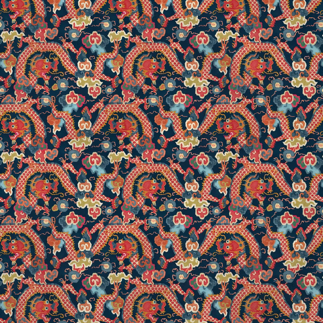 Deep navy velvet with coral dragons, teal foliage, ochre and cream accents