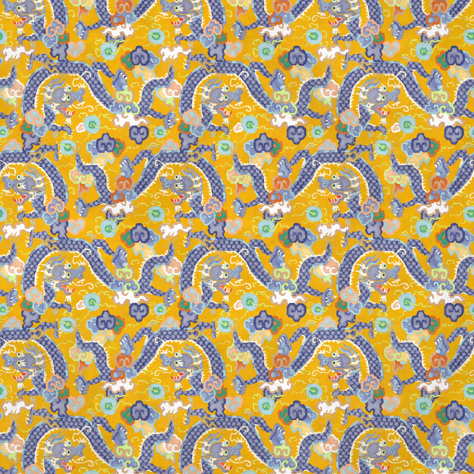 Golden yellow velvet with blue-grey dragons, coral accents and mint-green motifs