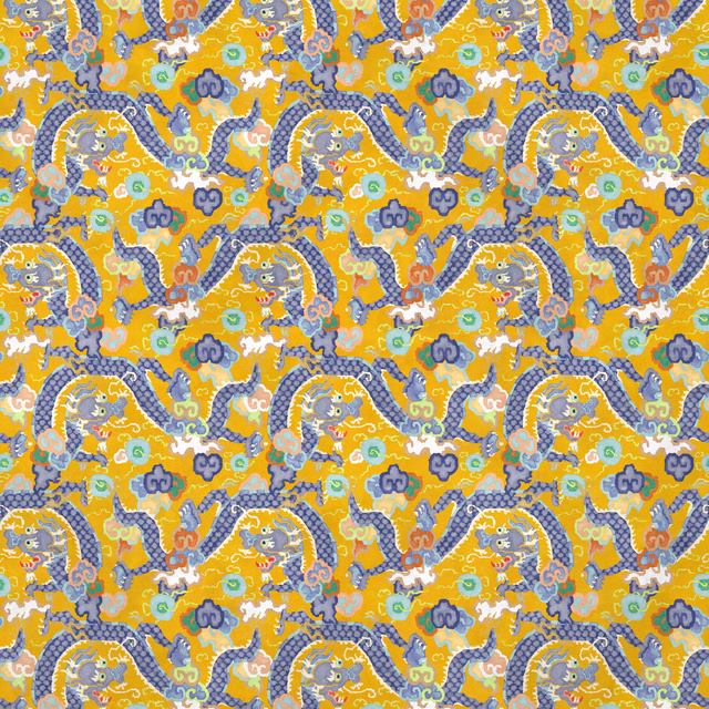 Golden yellow velvet with blue-grey dragons, coral accents and mint-green motifs