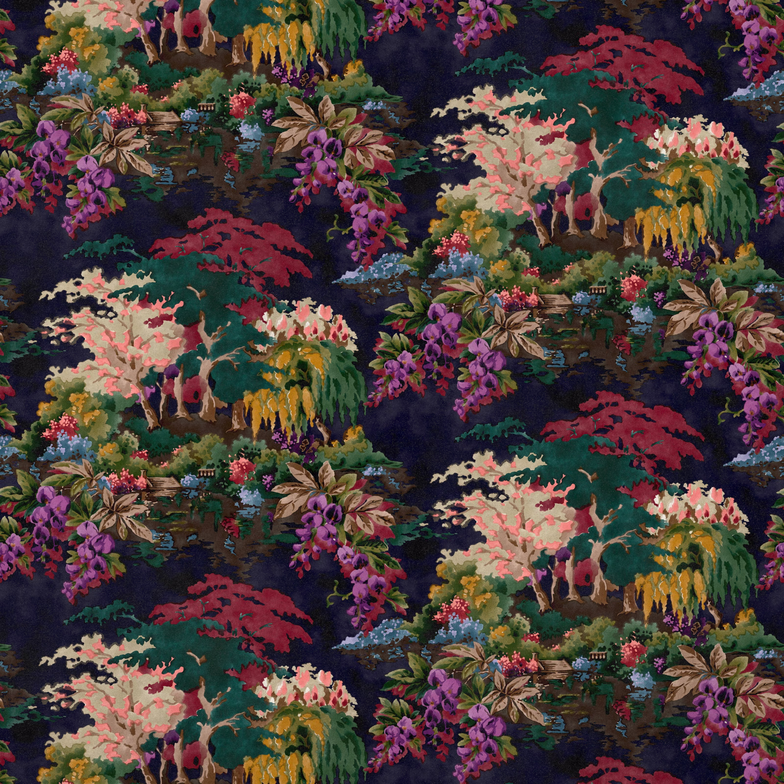 Midnight-blue velvet with pink blossoms, purple flowers and layered woodland scenes