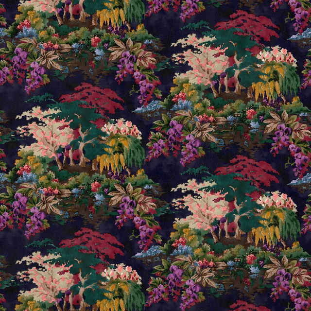 Midnight-blue velvet with pink blossoms, purple flowers and layered woodland scenes