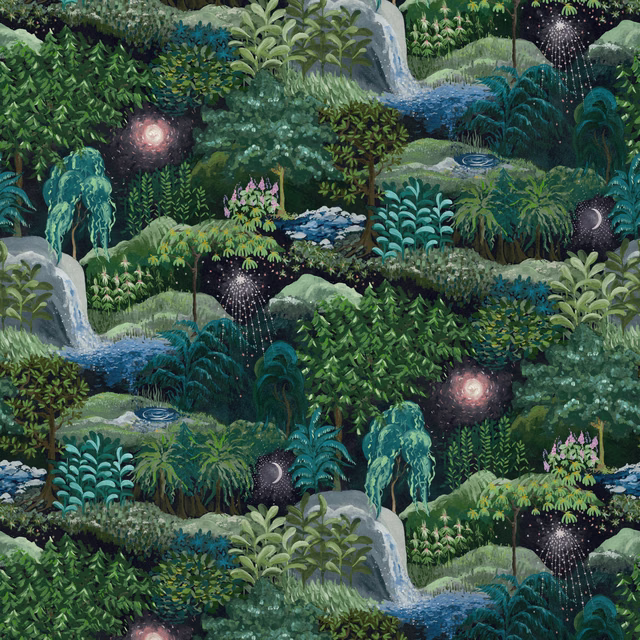 Dark forest velvet with teal waterfalls, layered foliage and glowing celestial details