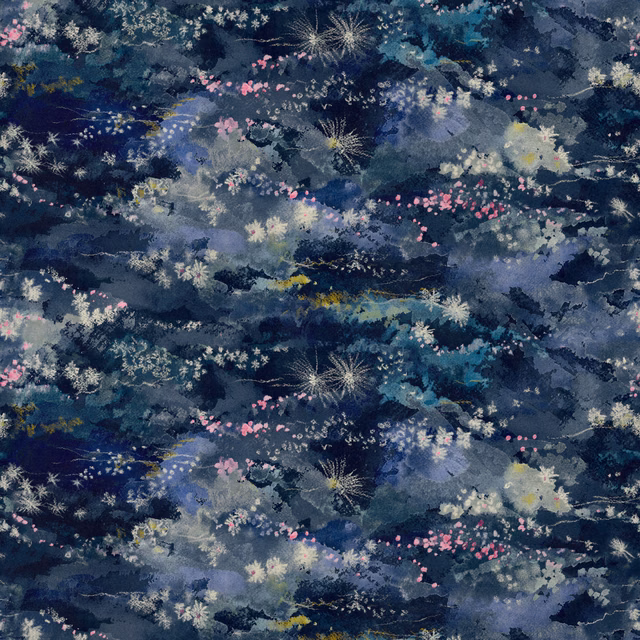 Inky navy velvet with smoky blue foliage, blush blossoms and silvery starbursts