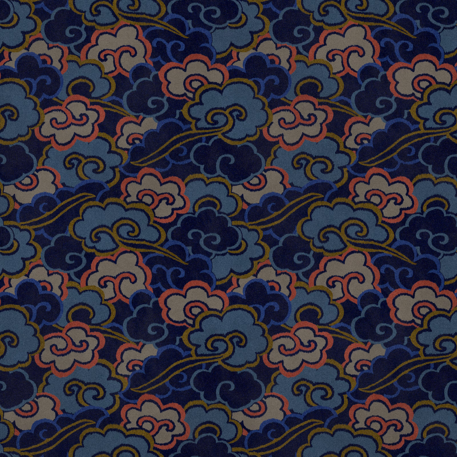 Navy velvet with coral cloud flowers, slate-blue motifs and mustard-gold scrolling details