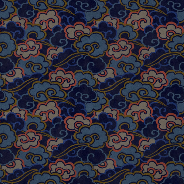Navy velvet with coral cloud flowers, slate-blue motifs and mustard-gold scrolling details