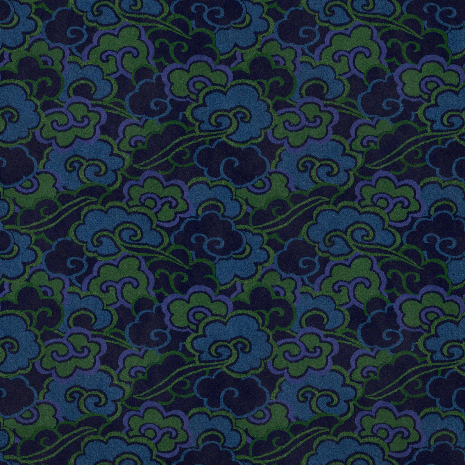 Dark moss velvet with indigo, blue and violet scrolling floral motifs