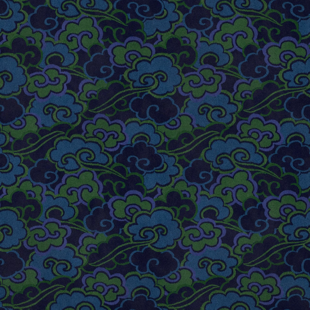 Dark moss velvet with indigo, blue and violet scrolling floral motifs