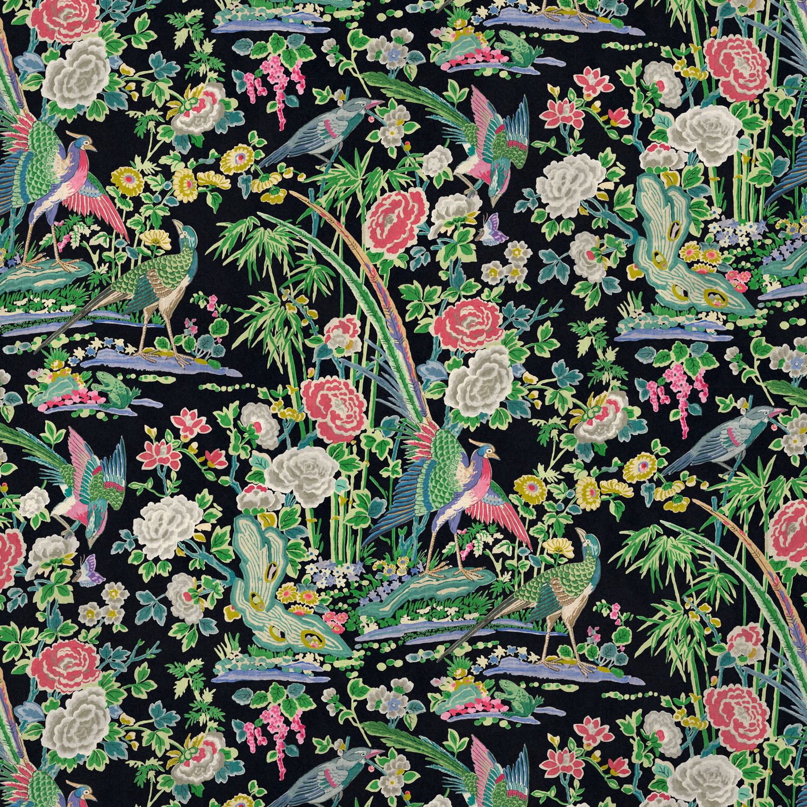 Near-black velvet with coral peonies, ivory blooms, birds, bamboo and water-garden foliage