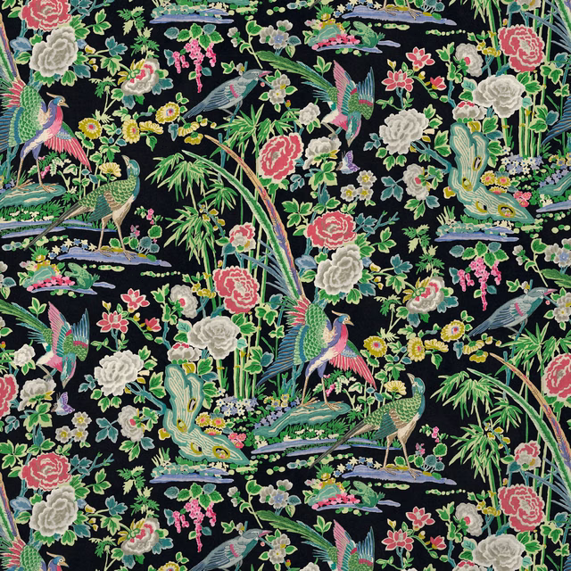 Near-black velvet with coral peonies, ivory blooms, birds, bamboo and water-garden foliage