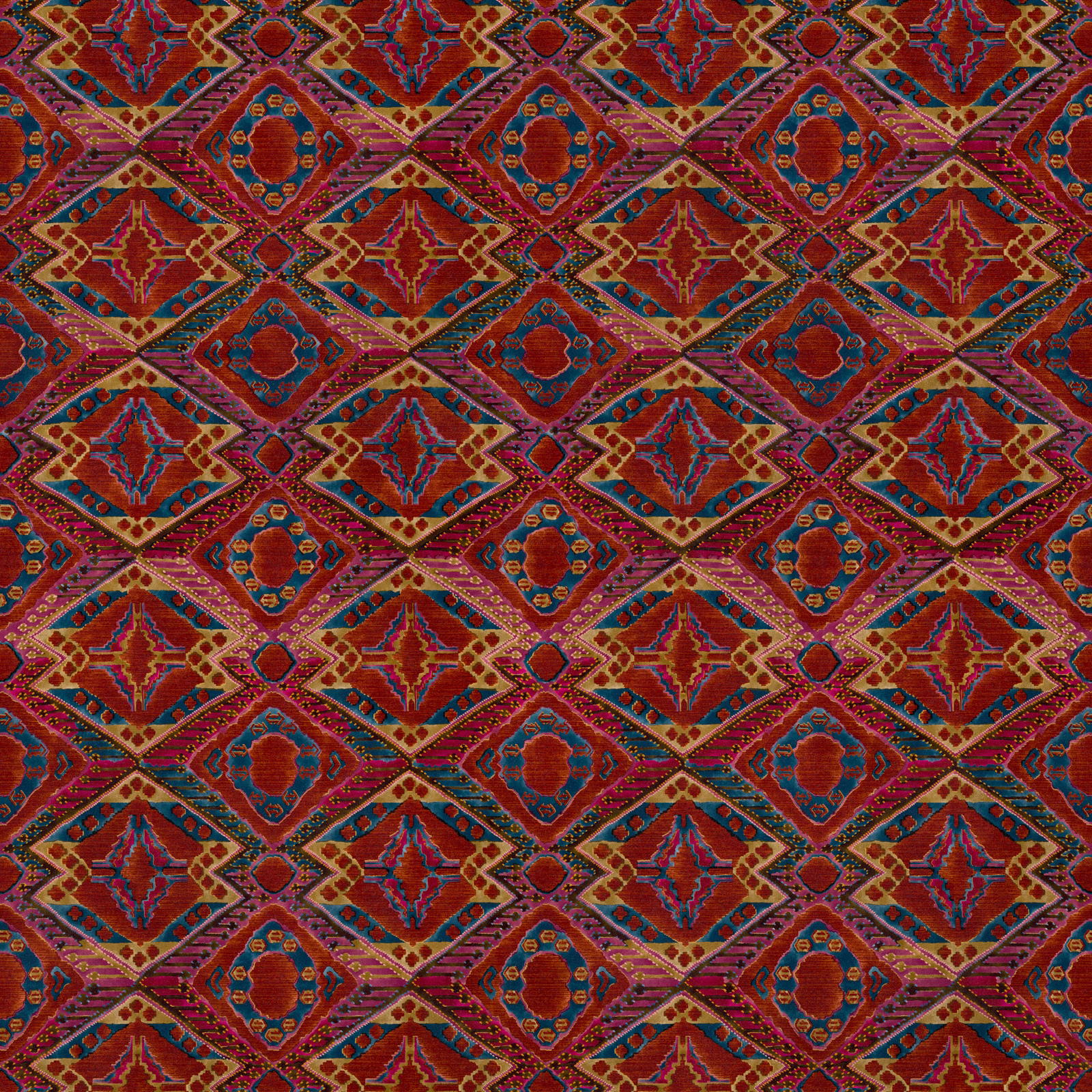 Deep red velvet with teal, ochre and plum geometric diamond motifs