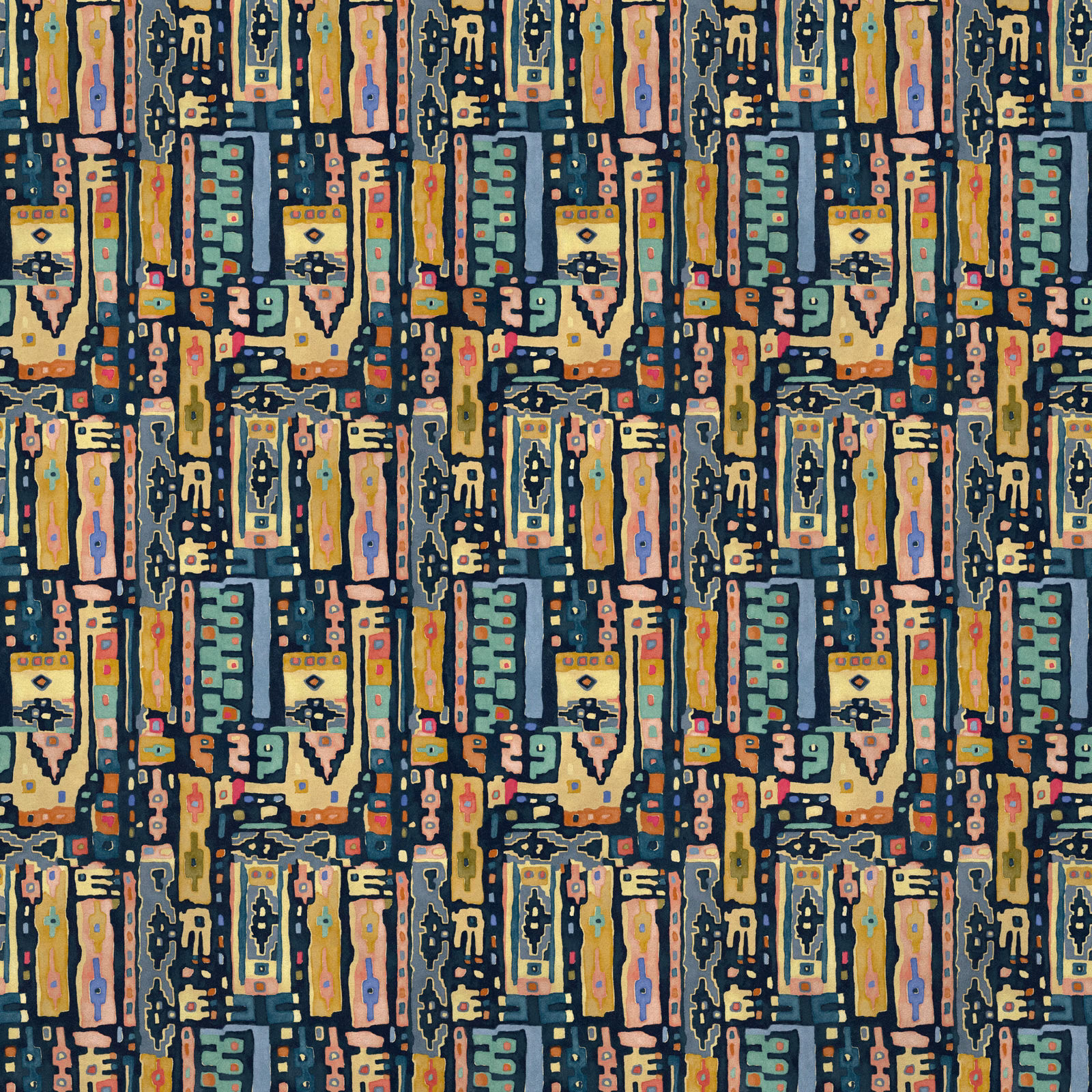 Cool navy geometric velvet with ochre, coral, teal and cream architectural motifs