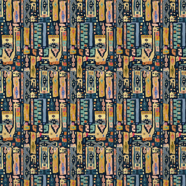Cool navy geometric velvet with ochre, coral, teal and cream architectural motifs