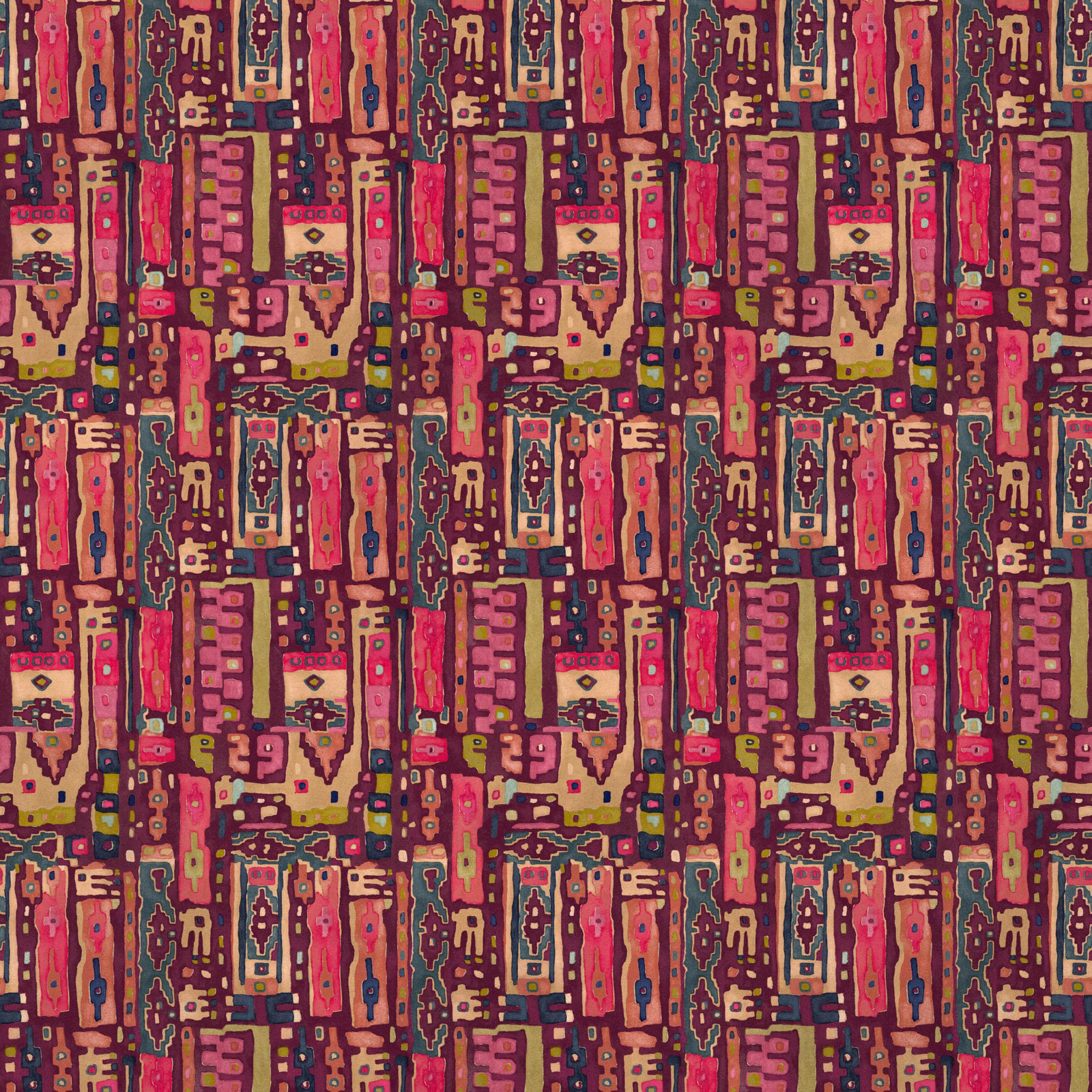 Warm coral, berry, mustard, teal and navy geometric velvet pattern