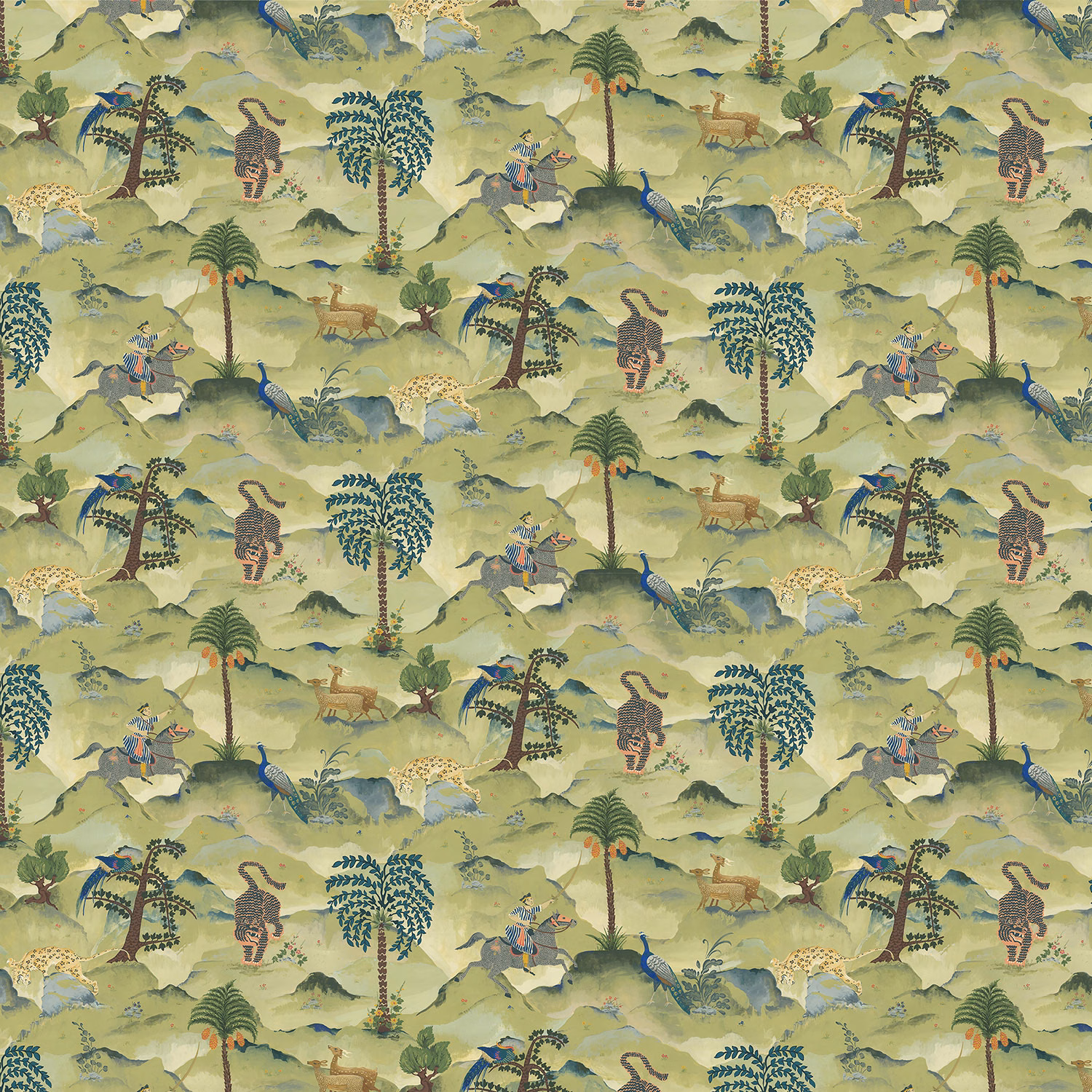 Muted sage wallpaper with aqua palms, peacocks, leopards and jungle figures