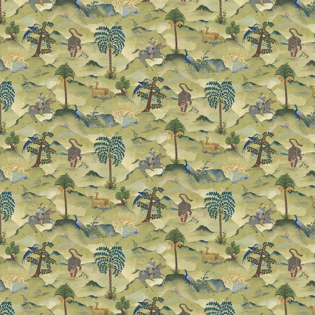 Muted sage wallpaper with aqua palms, peacocks, leopards and jungle figures