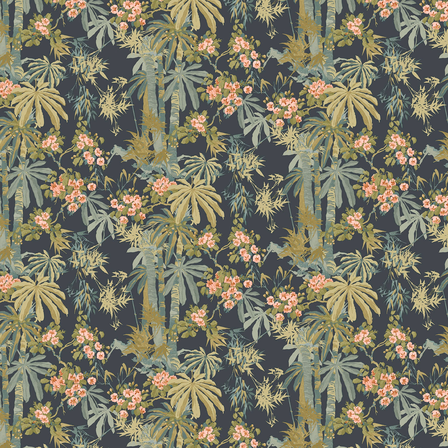 Deep navy wallpaper with olive bamboo, blue-grey leaves and coral-pink blossom clusters