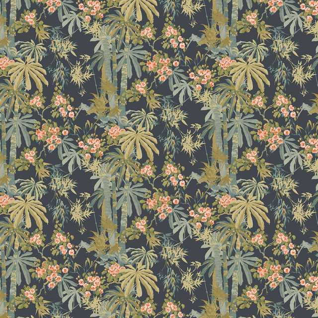 Deep navy wallpaper with olive bamboo, blue-grey leaves and coral-pink blossom clusters