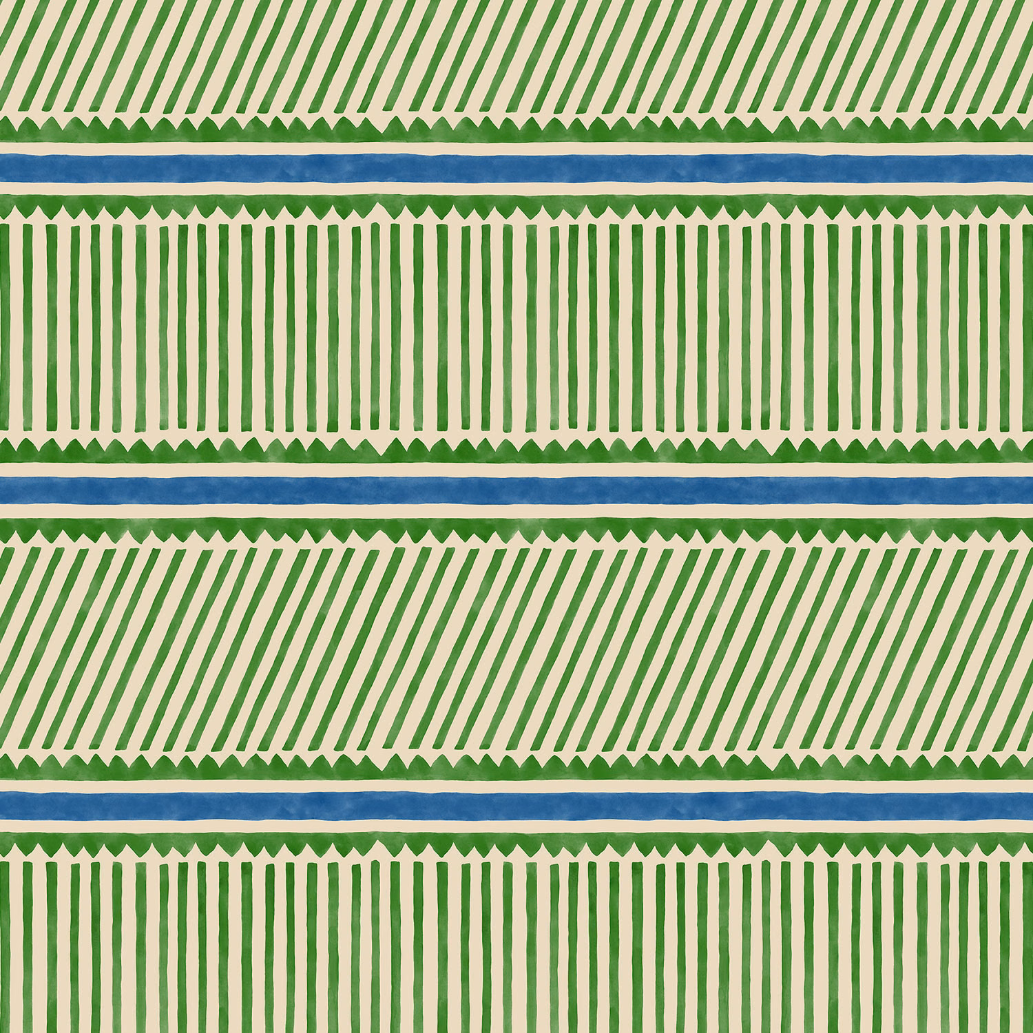 Cream wallpaper with green diagonal stripes, blue bands and vertical striped panels