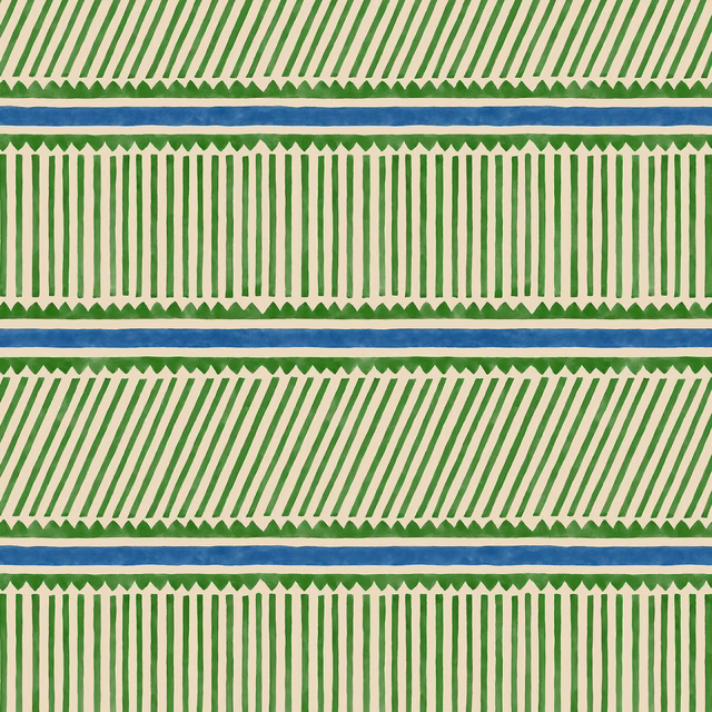 Cream wallpaper with green diagonal stripes, blue bands and vertical striped panels