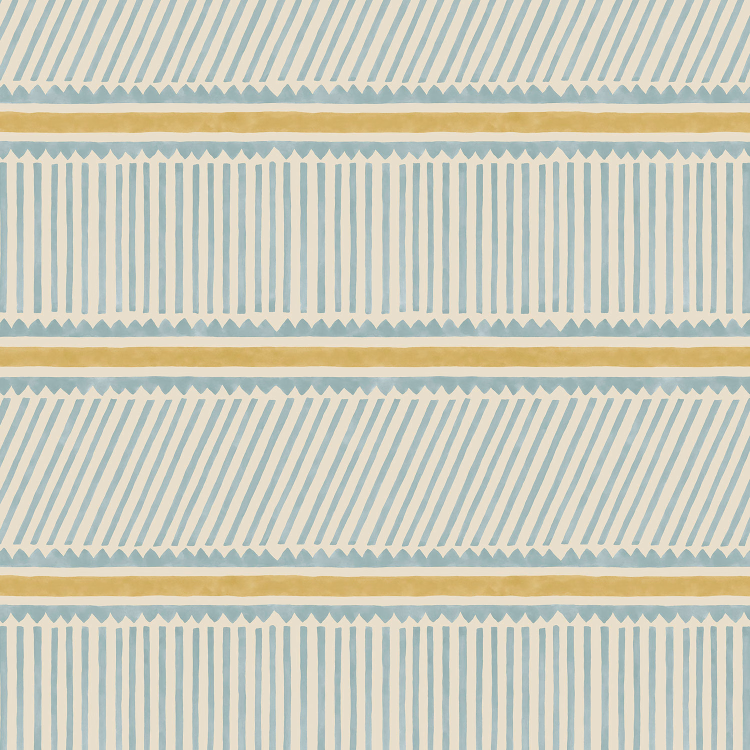 Sea-blue geometric wallpaper with vertical bars, diagonal marks and ochre horizontal bands