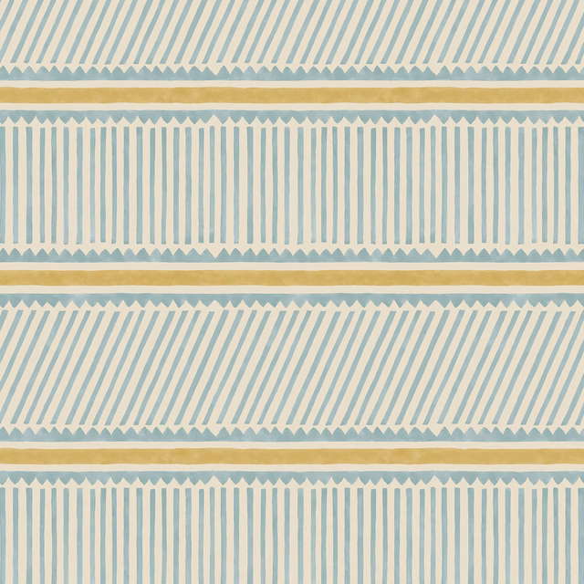 Sea-blue geometric wallpaper with vertical bars, diagonal marks and ochre horizontal bands
