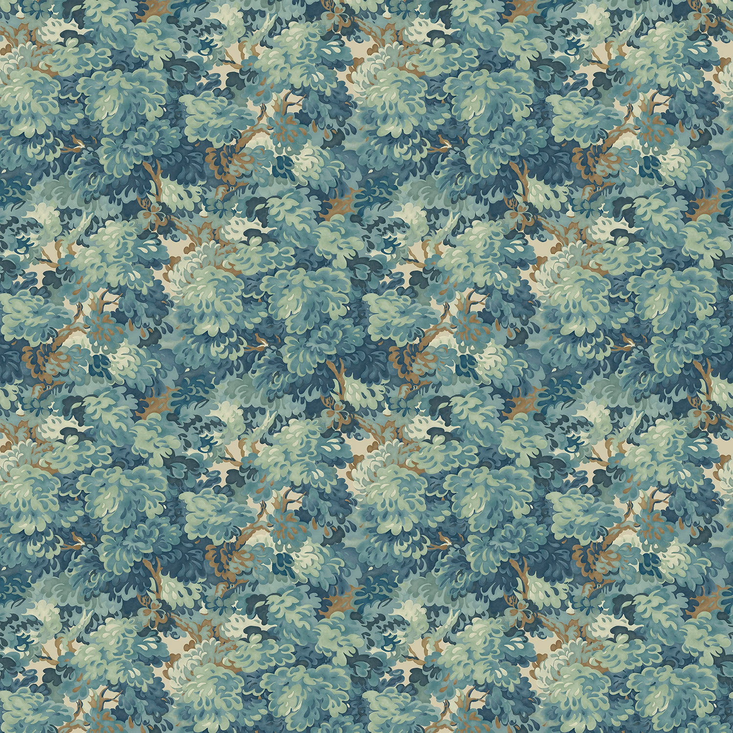 Dense blue-green oak leaves with sage highlights and warm brown branches