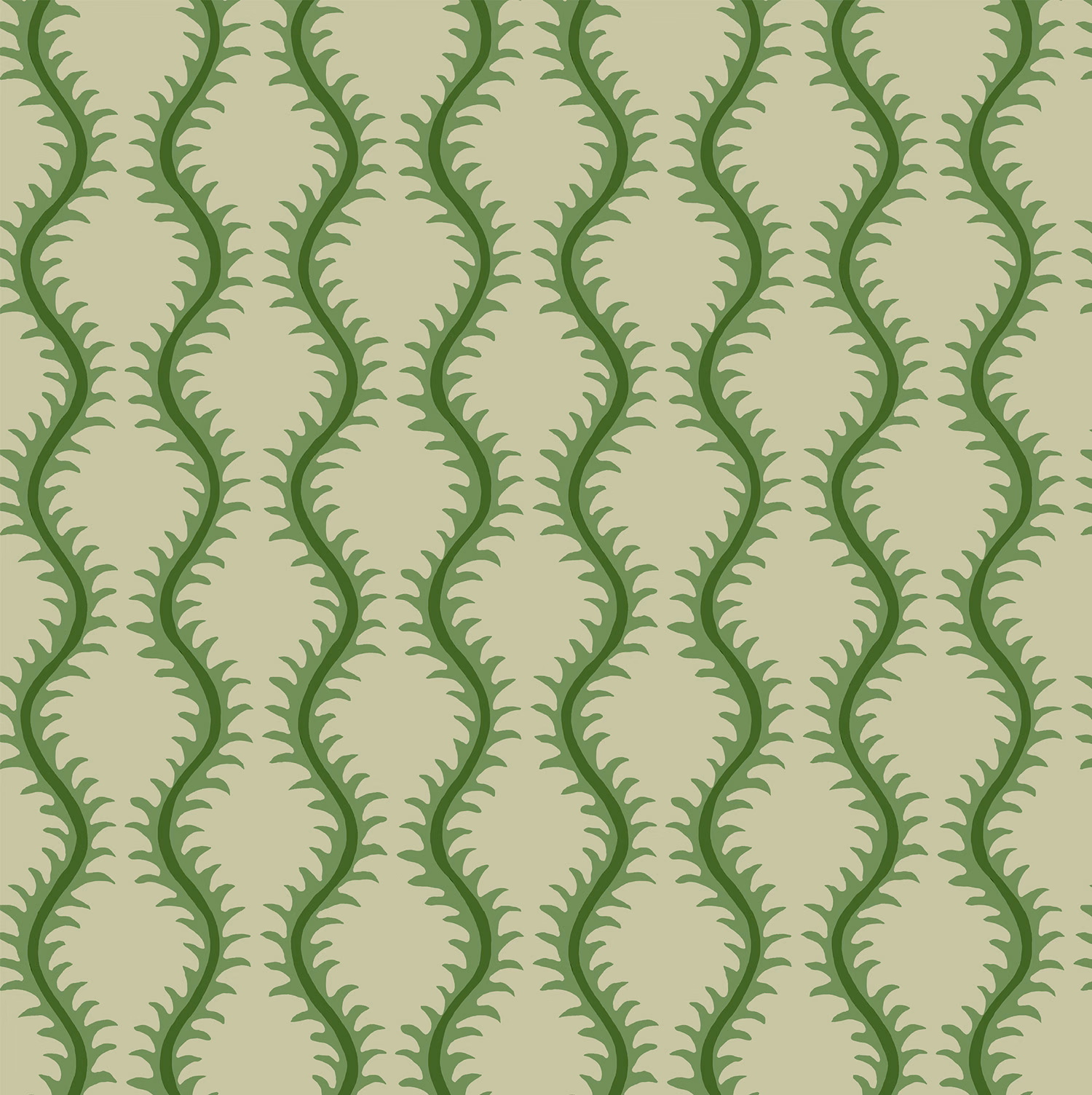 Pale sage wallpaper with repeating emerald-green scalloped vine diamonds