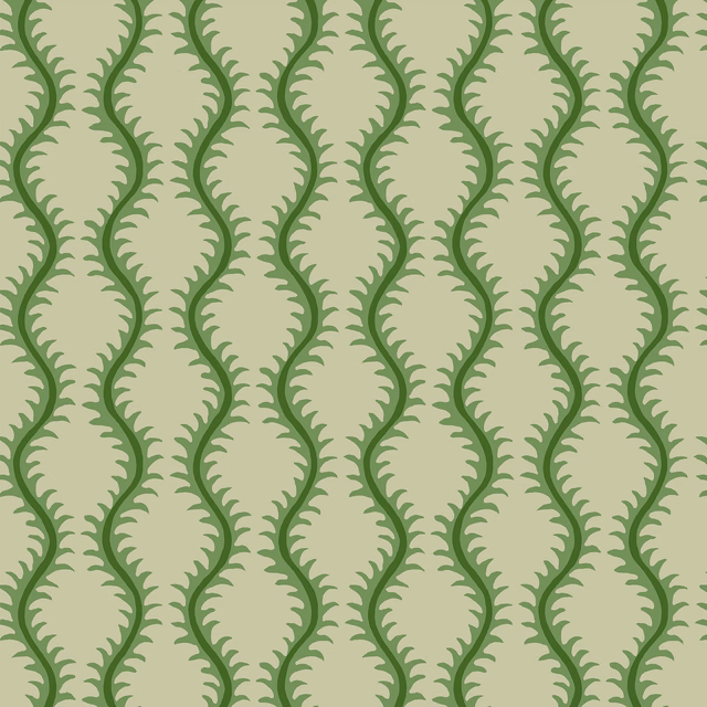 Pale sage wallpaper with repeating emerald-green scalloped vine diamonds