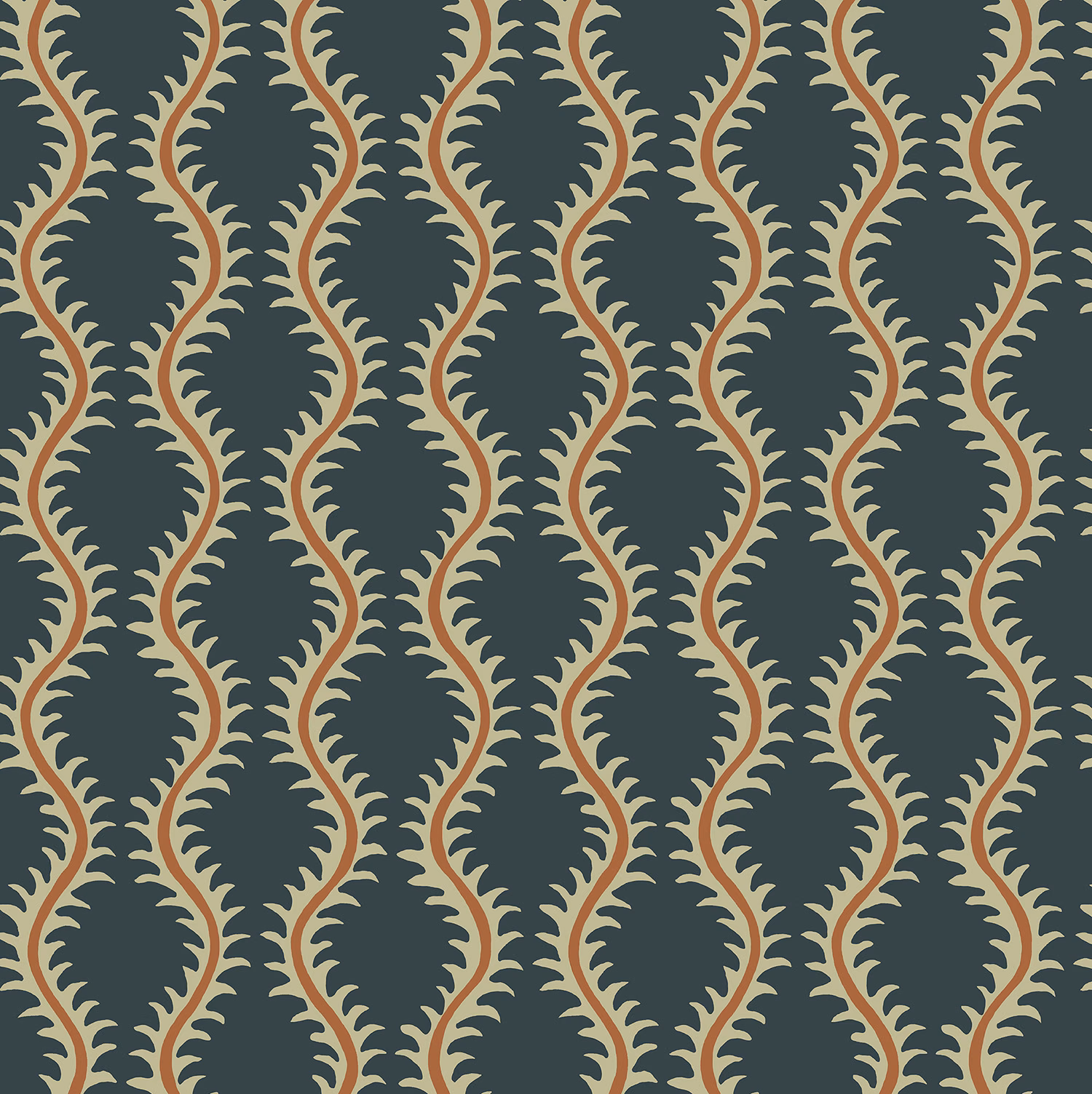 Ink-blue wallpaper with rust curves and pale sage scalloped ogee motifs