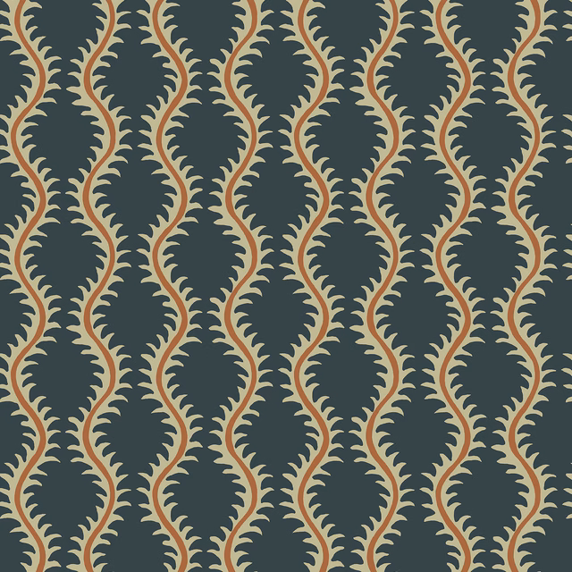 Ink-blue wallpaper with rust curves and pale sage scalloped ogee motifs