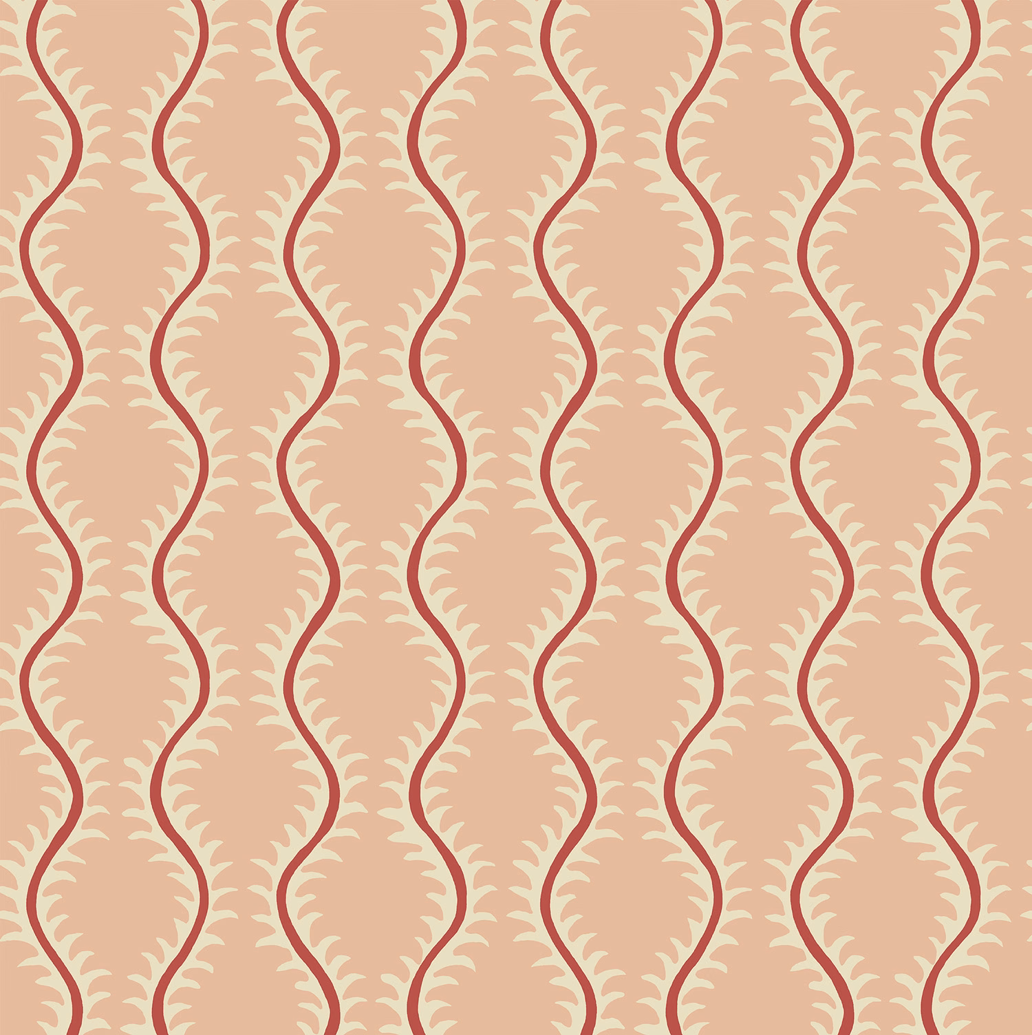 Blush pink wallpaper with burgundy winding lines and pale leaf-like geometric motifs