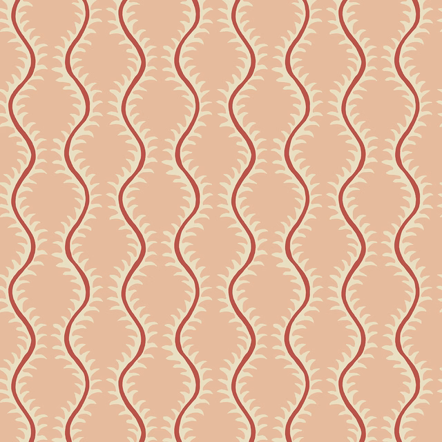 Blush pink wallpaper with burgundy winding lines and pale leaf-like geometric motifs