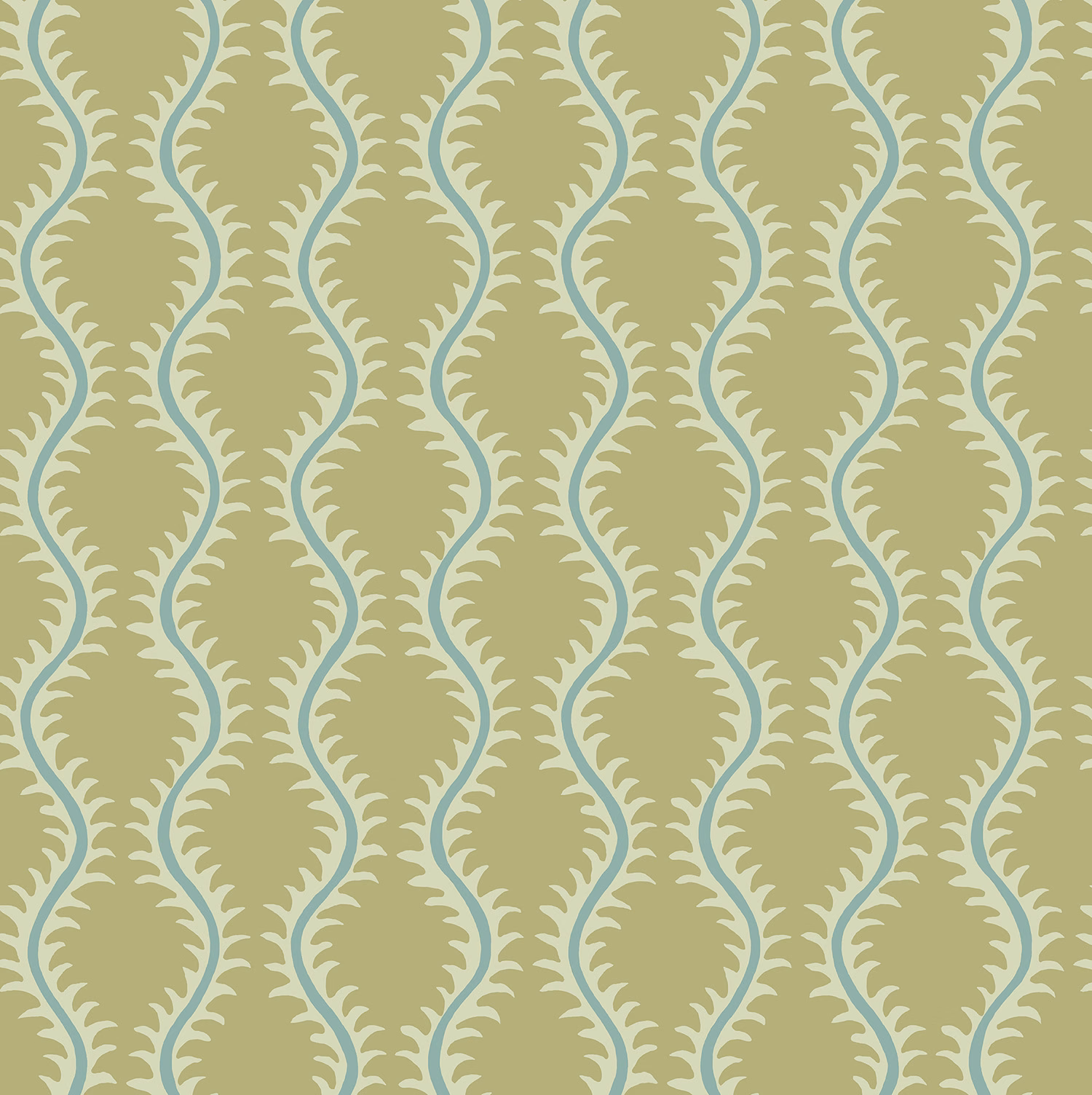 Muted pistachio olive wallpaper with pale blue and cream scrolling geometric motifs