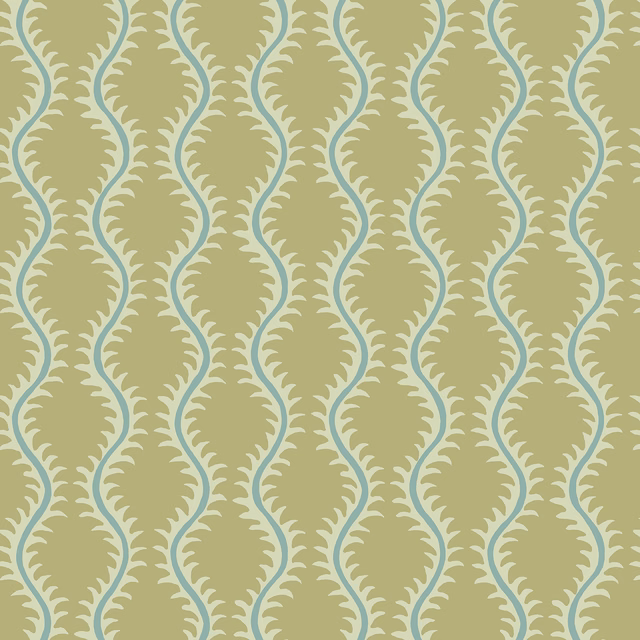 Muted pistachio olive wallpaper with pale blue and cream scrolling geometric motifs