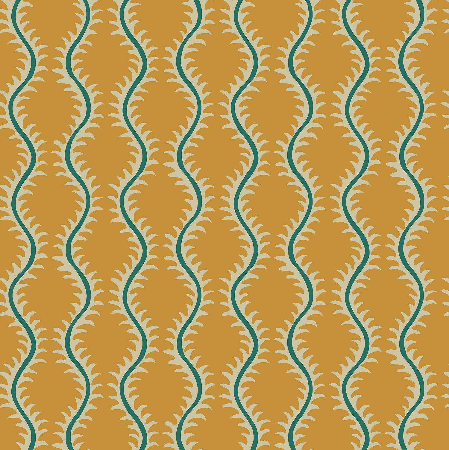 Saffron gold wallpaper with teal outlined leaf forms and cream scalloped details