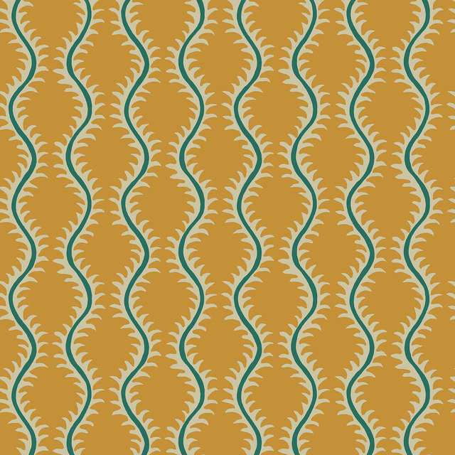 Saffron gold wallpaper with teal outlined leaf forms and cream scalloped details
